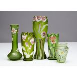 Five green continental Art Nouveau glass vases, all painted with floral design comprising a large