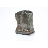 An Art Nouveau spelter painted figural square planter, the organic shape depicting a maiden within a