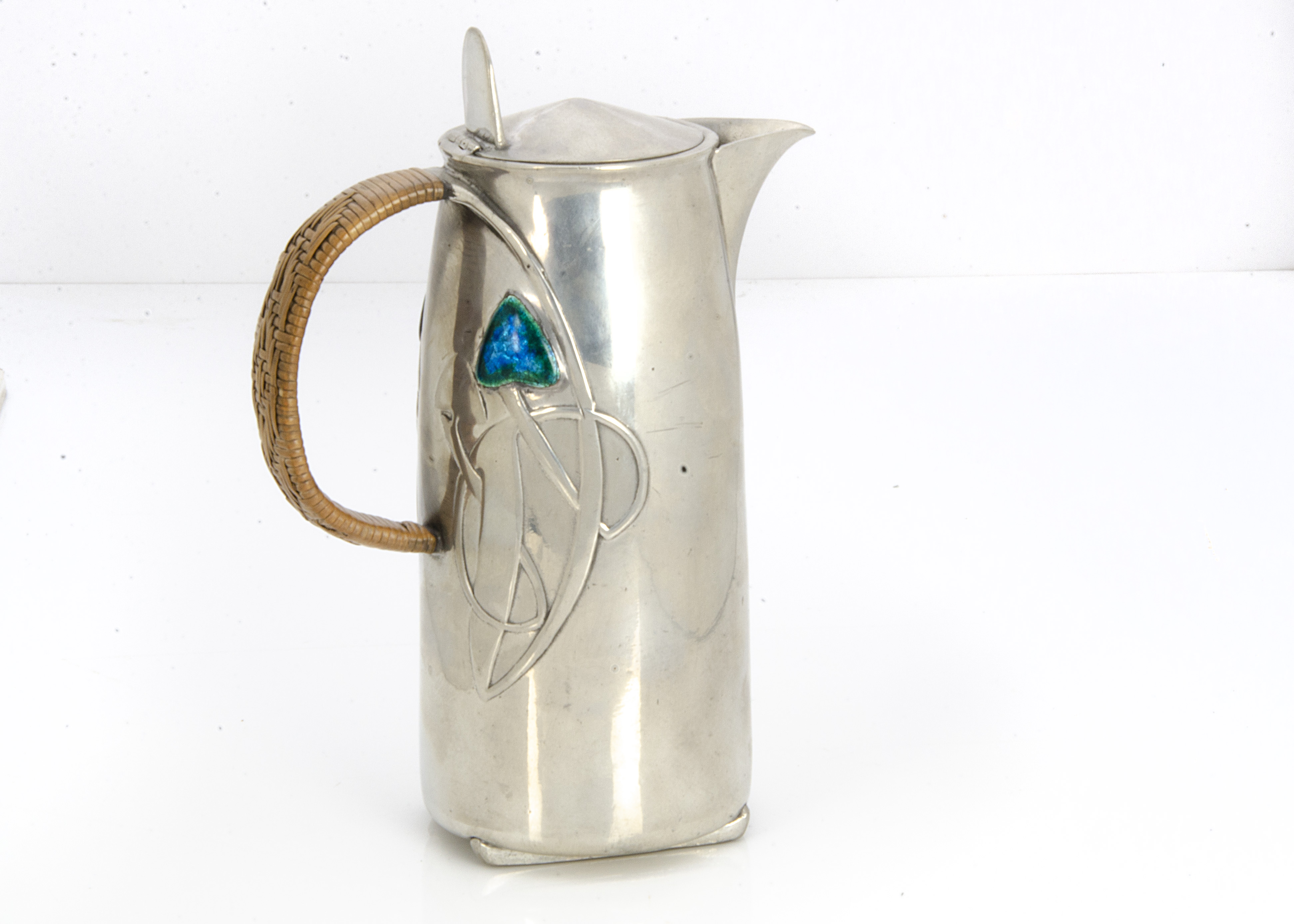 A Liberty & Co Tudric pewter and enamel hot water jug, the cylindrical body with stylised Honesty, - Image 2 of 2