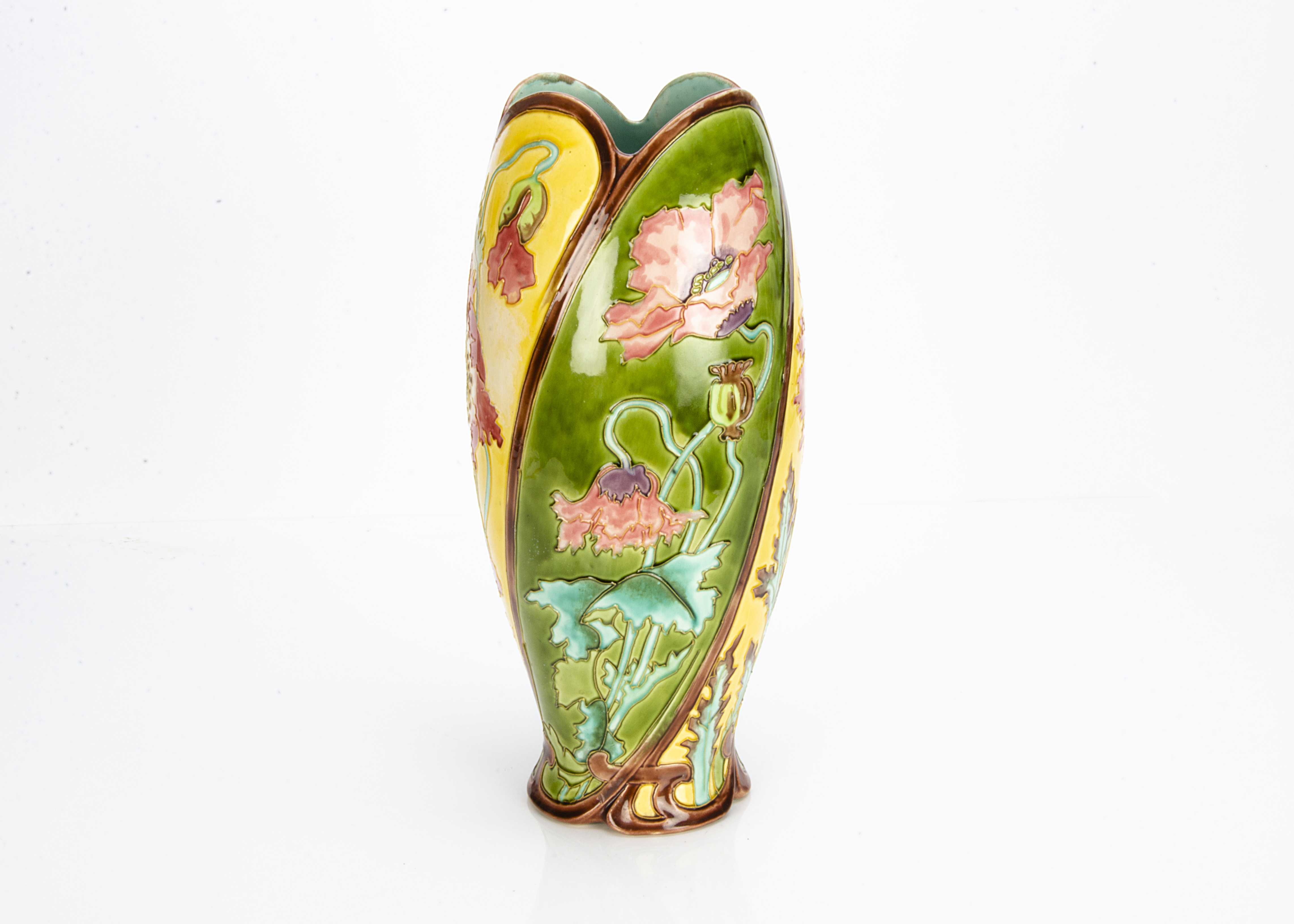 A French Longchamp Terre Defer majolica Art Nouveau ovoid vase, with moulded decoration of pink - Image 2 of 9