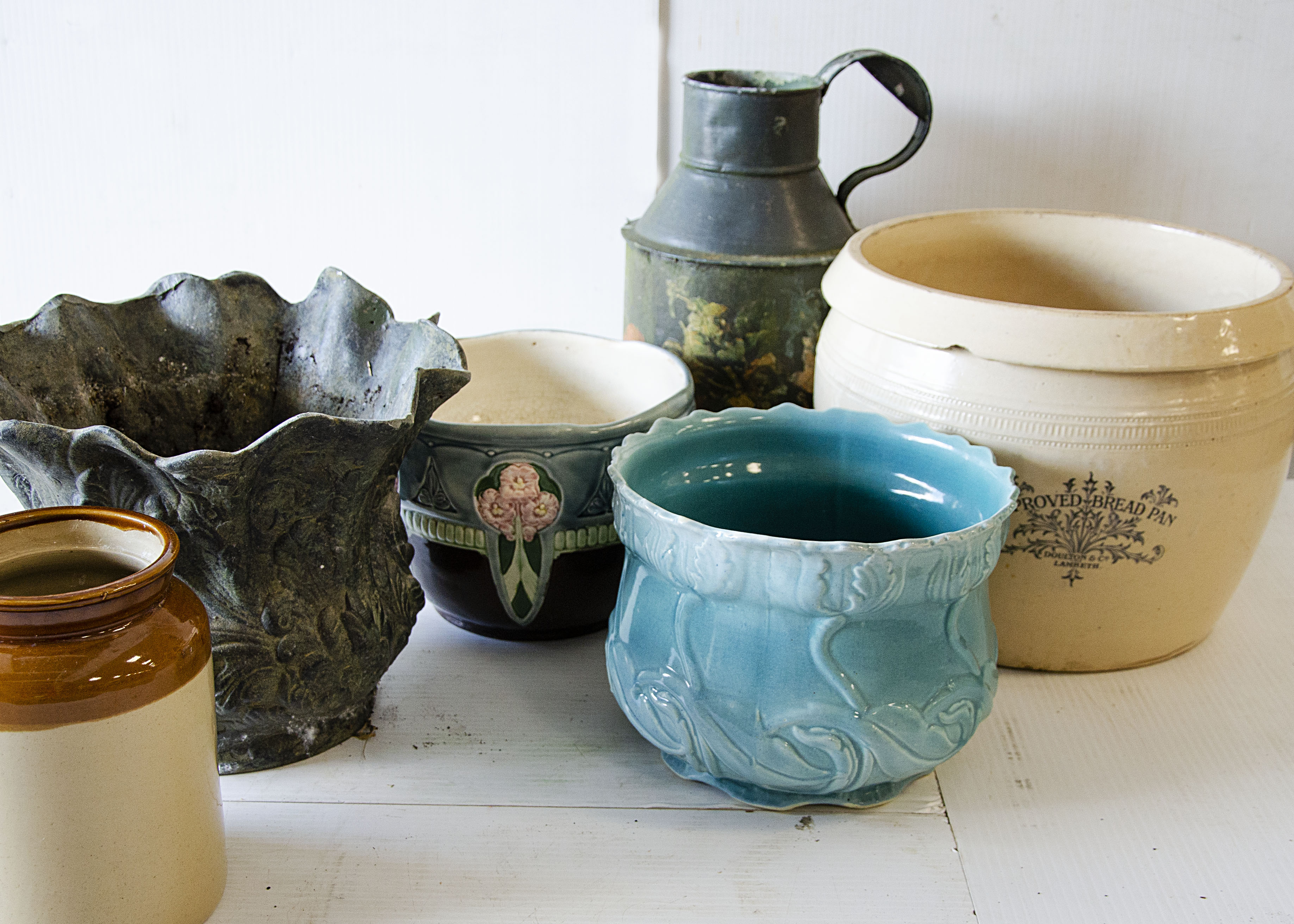 A collection of garden pots, including a spelter Art Nouveau style jardiniere, a twin handled Art - Image 2 of 4