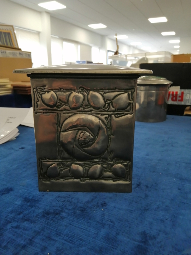 A Scottish school influenced pewter and tin biscuit box, with cushion shaped hinged lid, the - Image 8 of 9