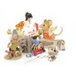 A collection of nursey items, including two plywood cut out Victoria Burnet designs of mice, one