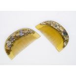 Two Japanese Meiji period horn and mother of pearl Kushi Kanzashi combs, of half moon design with