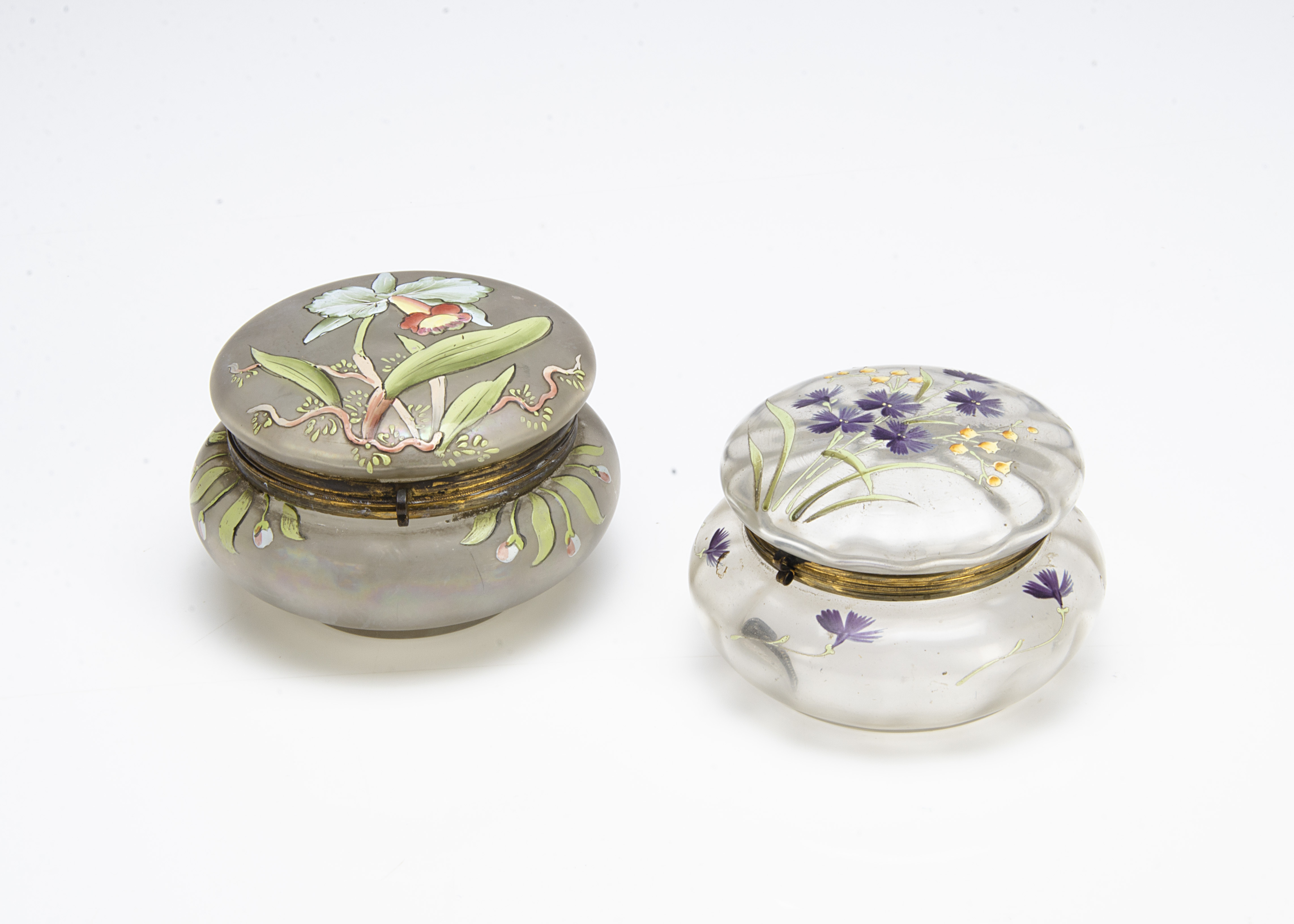 Two continental glass Art Nouveau dressing table jars and covers, one with enamel decoration in - Image 2 of 2