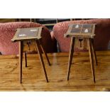 A pair of Arts and Crafts oak and tiled top occasional tables, the square tops with protruding