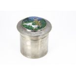 A Liberty Tudric pewter and enamel biscuit barrel, of cylindrical shape with lift off lid, the domed