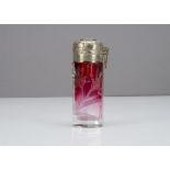 A Moser glass and silver plated scent bottle or atomiser, the hexagonal cranberry glass body with