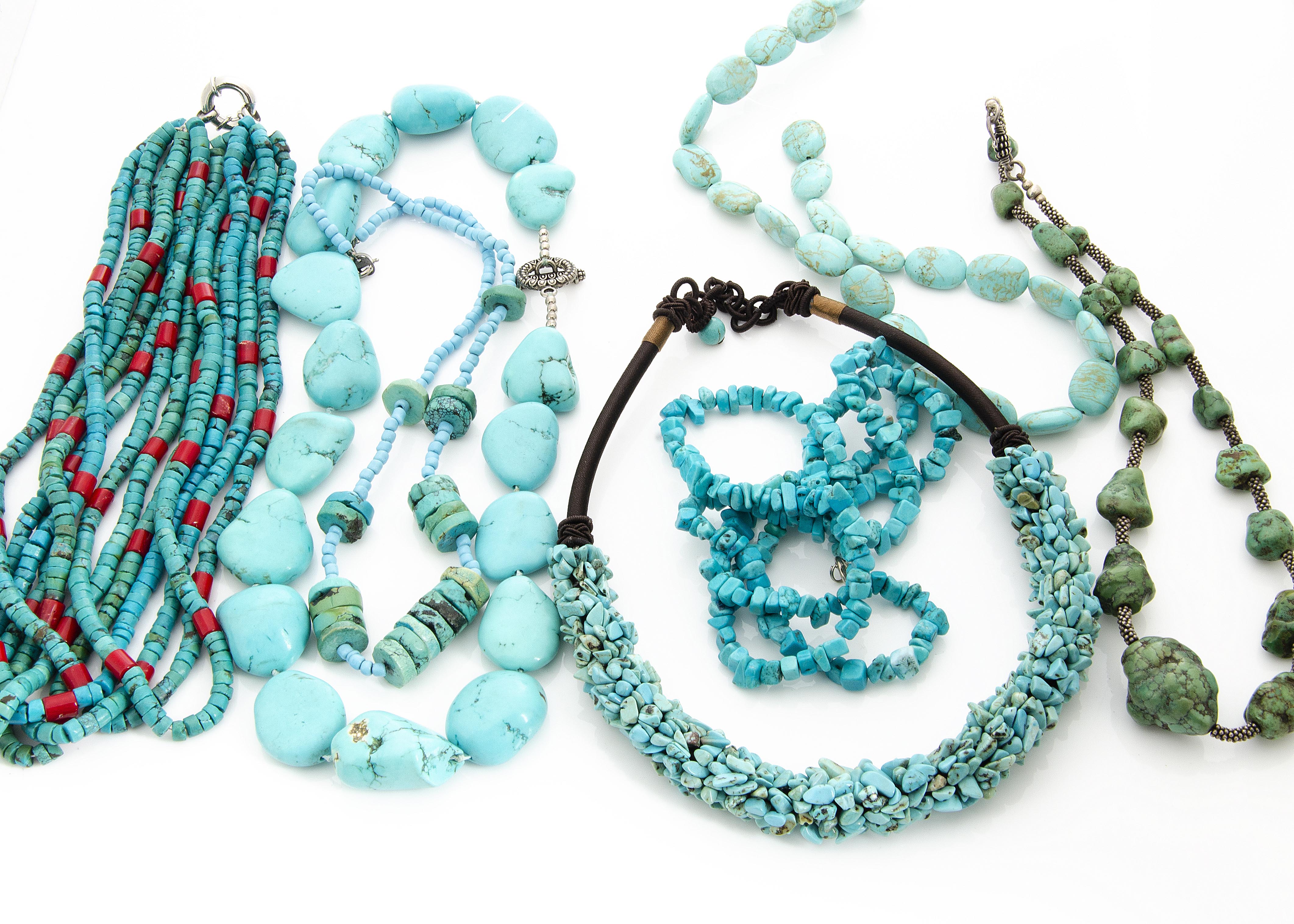 Six various turquoise necklaces, including a multi strand with coral spacers, another large pebble - Image 2 of 2