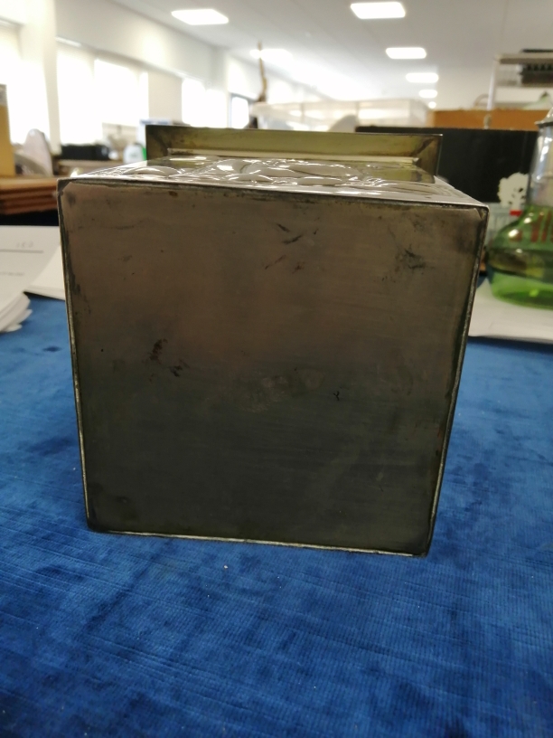 A Scottish school influenced pewter and tin biscuit box, with cushion shaped hinged lid, the - Image 4 of 9