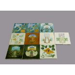 A set of ten Corn Art Nouveau relief moulded tiles, some paired decoration, all stylised floral