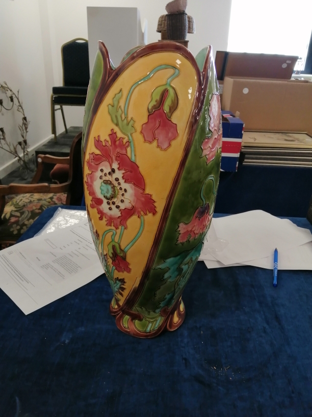A French Longchamp Terre Defer majolica Art Nouveau ovoid vase, with moulded decoration of pink - Image 8 of 9
