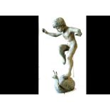 A 19th Century copper fountain, modelled as a young boy standing upon a large snail on one leg