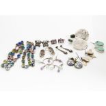 A collection of gem set and silver earrings, including a pair of butterfly and marcasite examples,
