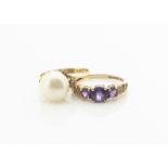 An 18ct gold and cultured pearl dress ring, ring size R, 3.8g and a 9ct gold amethyst and diamond