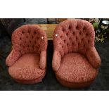 A pair of late 19th Century upholstered tub chairs, the button spoon back chairs with a metal