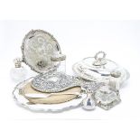 A small group of silver and silver plate, including a glass and silver mounted inkwell with