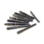 Nine vintage black fountain pens, including a Grenville in card box, a Cudos, a Pitman's Fono,