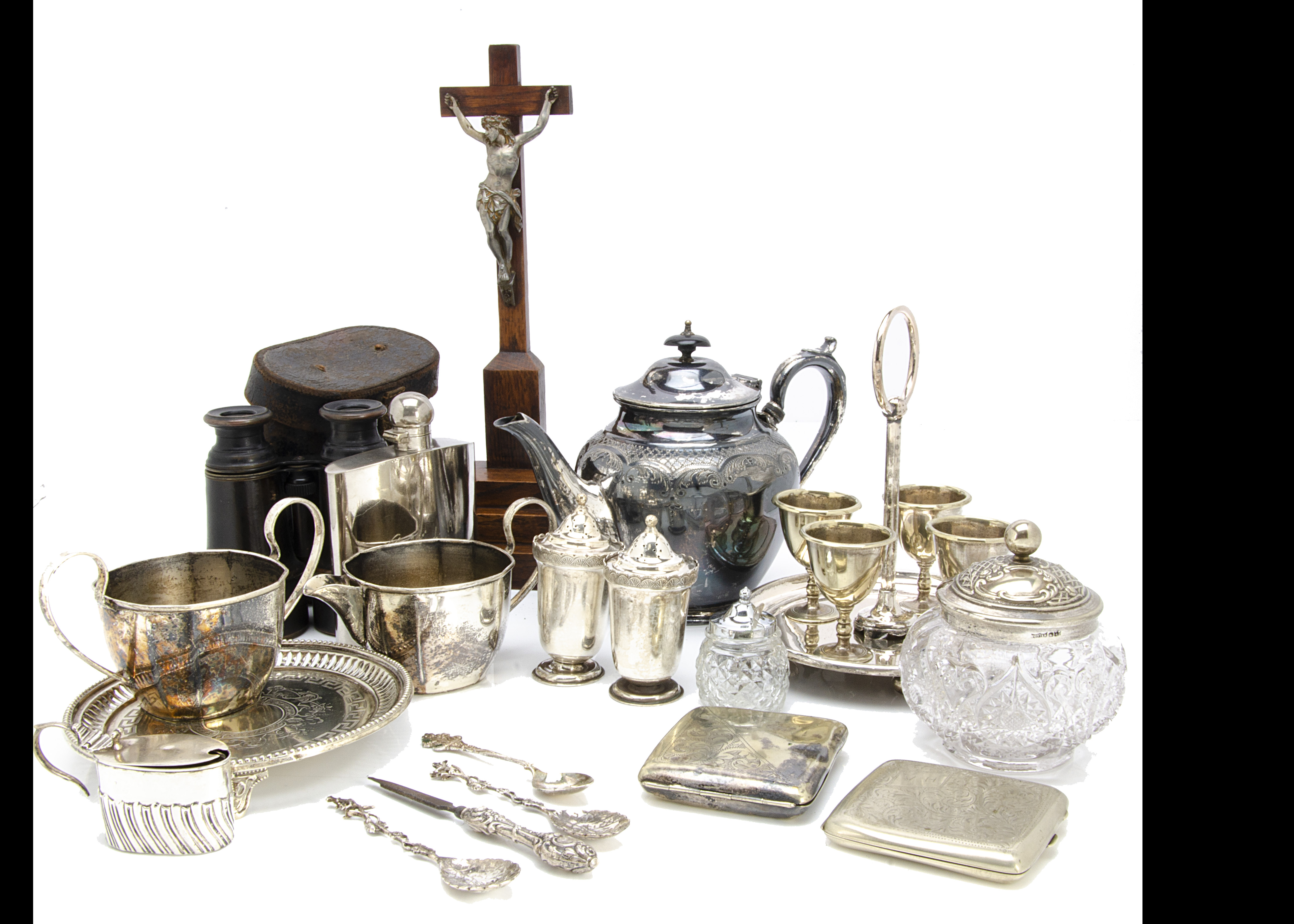 A collection of silver and silver plate and other items, including a pair of silver peppers, one