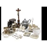 A collection of silver and silver plate and other items, including a pair of silver peppers, one