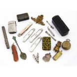 A small group of collectables, including four silver and mother of pearl handled pocket fruit