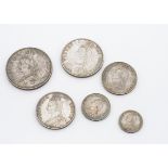 A set of six Victorian Jubilee Head coins, all dated 1887, ranging from crown, double florin, half