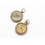 Two late 19th Century Continental 14ct gold open faced ladies pocket watches, the top wind example