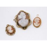 Three shell cameos, two pendants mounted in 9ct gold and another oval brooch in pinchbeck, total