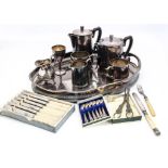 A collection of silver plate and other items, including an oval tray, four piece tea set, six silver