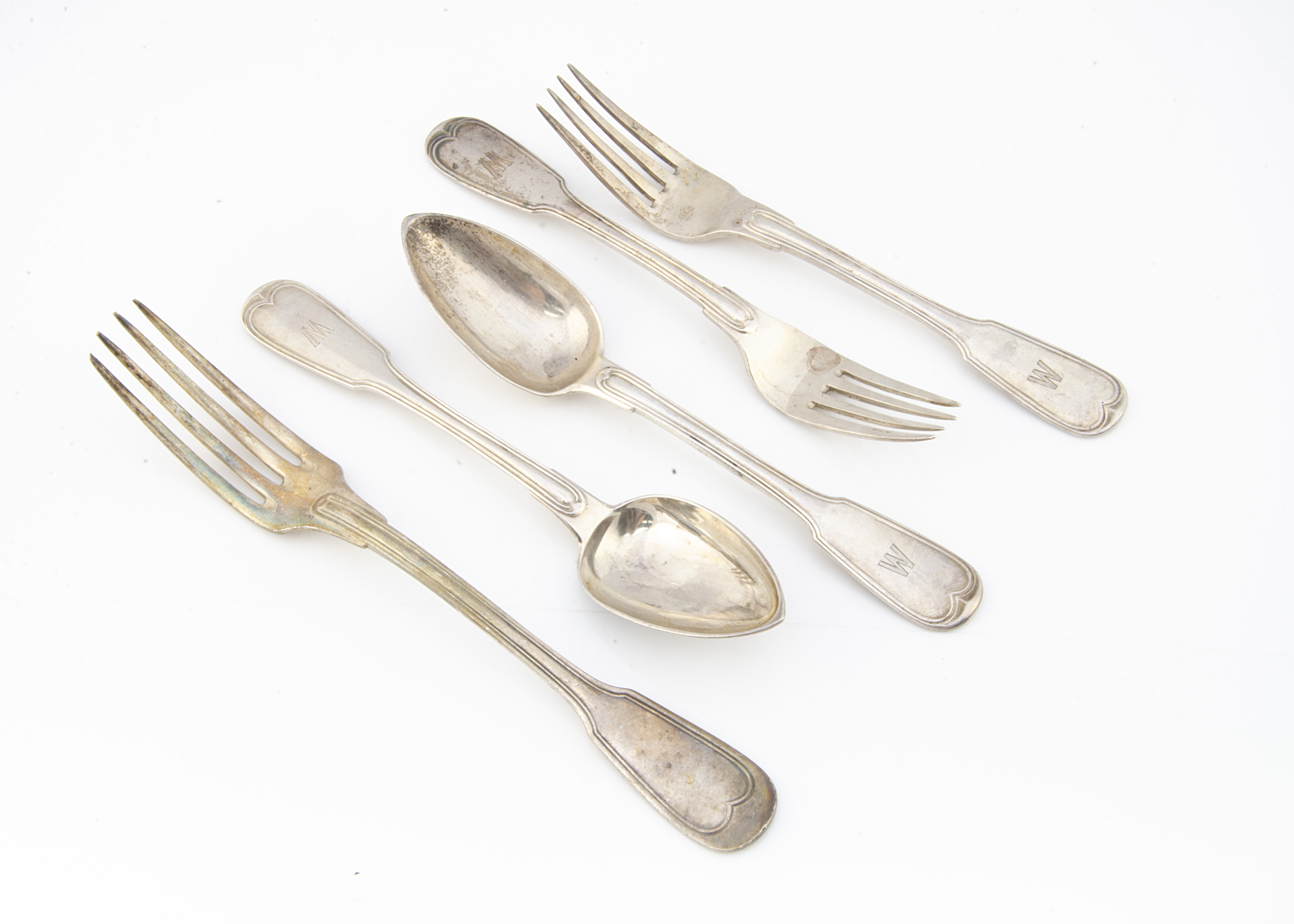 A set of six early 20th Century Russian silver dessert spoons and forks by Kordes, fiddle and thread