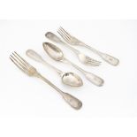 A set of six early 20th Century Russian silver dessert spoons and forks by Kordes, fiddle and thread
