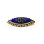 A 19th Century gold, diamond, seed pearl and enamel, navette shaped brooch, the guilloche enamel