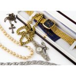 A marcasite silver cocktail watch, a gilt metal chain, silver cross pendant and chain, simulated
