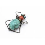 A white metal turquoise and coral bug brooch, marked silver to underside, 3.2cm x 3.2cm, 8.2g