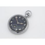 A WWII period Leonidas military issue chromed pocket watch, black dial, not running, broad arrow and