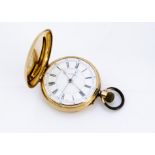 A late 19th Century 14ct gold continental full hunter pocket watch, 50mm, 101g, appears to run well,