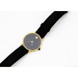 A Movado Zenith quartz 18ct gold cased dress watch, 31mm, black dial, on black leather strap not