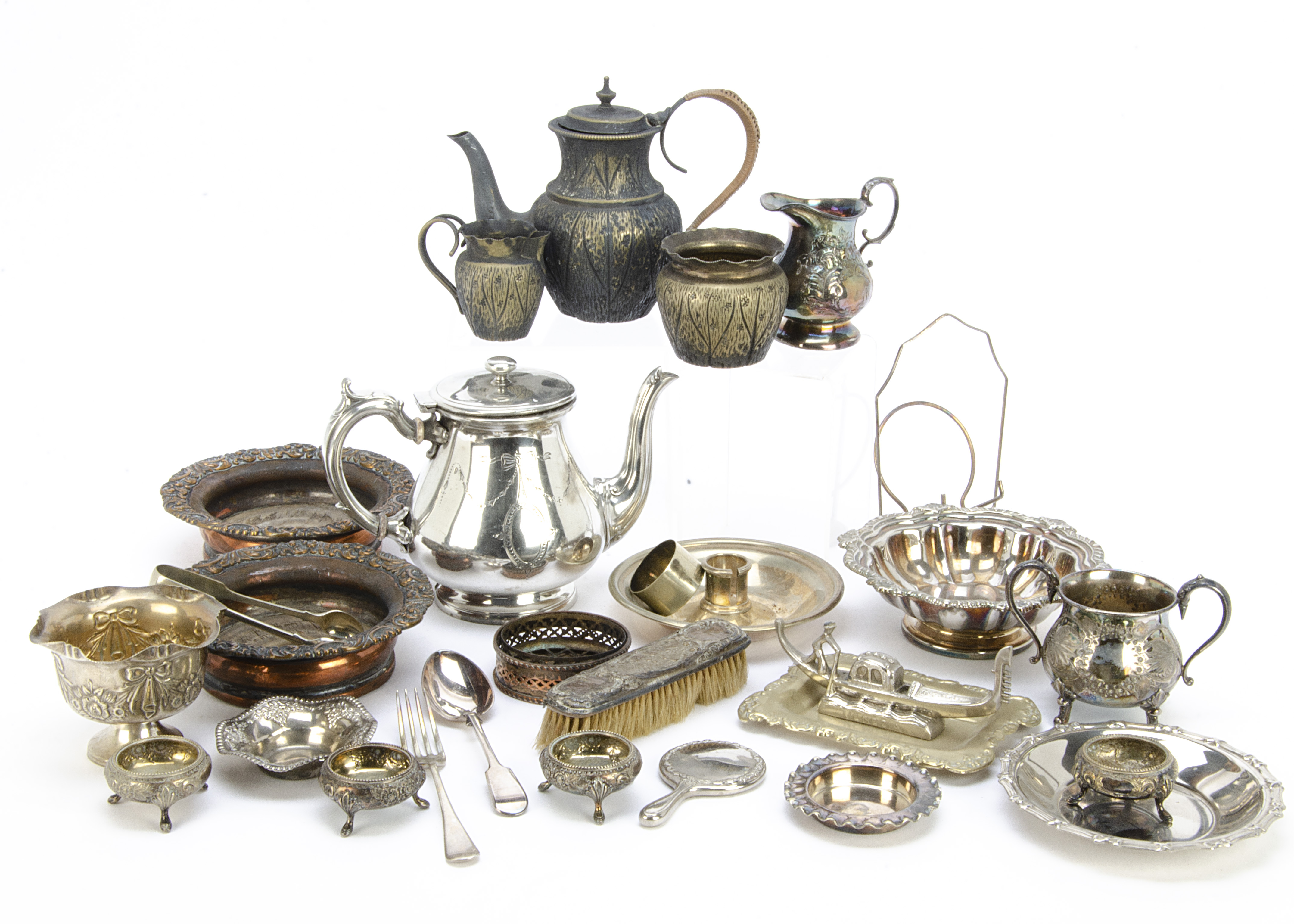 Two boxes of silver and silver plate, including a silver hand mirror, silver filled candlestick, AF,