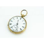 A Victorian 18ct gold open faced pocket watch, 46mm, overall in good condition but wear and