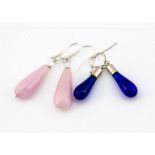 A pair of rose quartz and silver mounted ear drops, with loops, 5.5cm, and a pair of Bristol blue