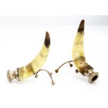 A pair of Victorian cow horn and silver candle holders by EB, 13cm and 13.5cm high, one with damaged