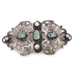 An early 20th Century white metal, mother of pearl and turquoise belt buckle, with Tunisian marks to