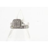 A 9ct white gold diamond set wedding and engagement ring, the tabular cluster ring with a cushion