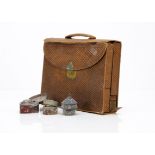 A Victorian travel writing set, brown faux leather folding out to reveal fitted compartments and