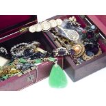 A rosewood jewellery box, with a quantity of costume jewellery including a Royal Worcester floral