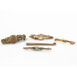 An Edwardian gold and seed pearl turquoise set bar brooch, another Victorian example with pierced