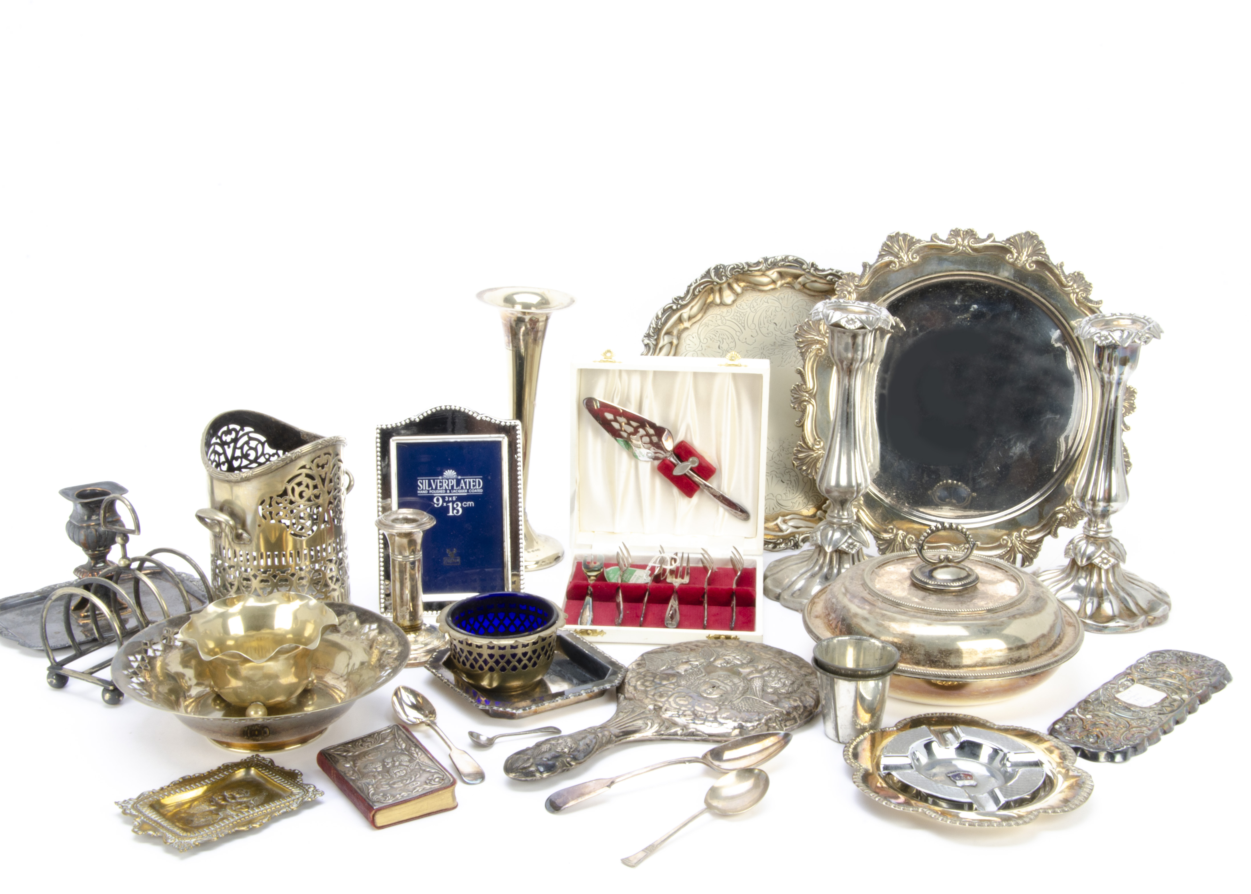 Two boxes of silver and silver plate, including a silver hand mirror, silver filled candlestick, AF, - Image 2 of 2