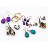 A small quantity of earrings, including a pair of 9ct gold twisted hoops, a Victorian gilt metal and