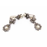 A pair of 19th Century Italian diamond and pearl drop earrings, the rough cuts in silver settings in