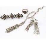 A small quantity of paste jewels, including a bar brooch, a marcasite buckle ring, a pair of drop